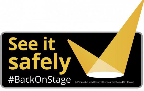 See it safely mark - yellow tick in the shape of two light beams, with the hashtag #BackOnStage