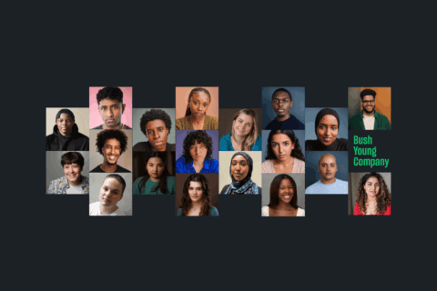 A collage of 19 headshots of different young people. Next to the images are the words 'Bush Young Company'