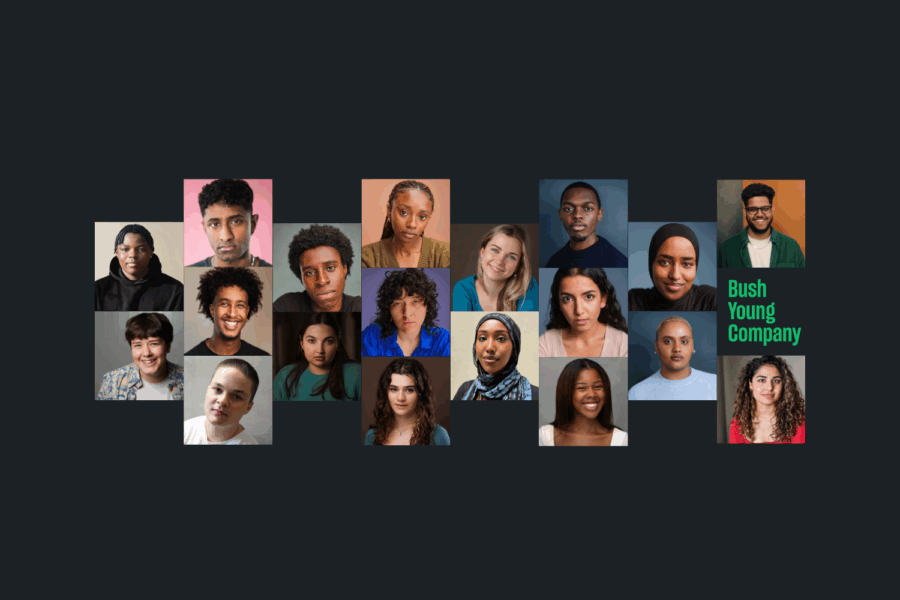A collage of 19 headshots of different young people. Next to the images are the words 'Bush Young Company'