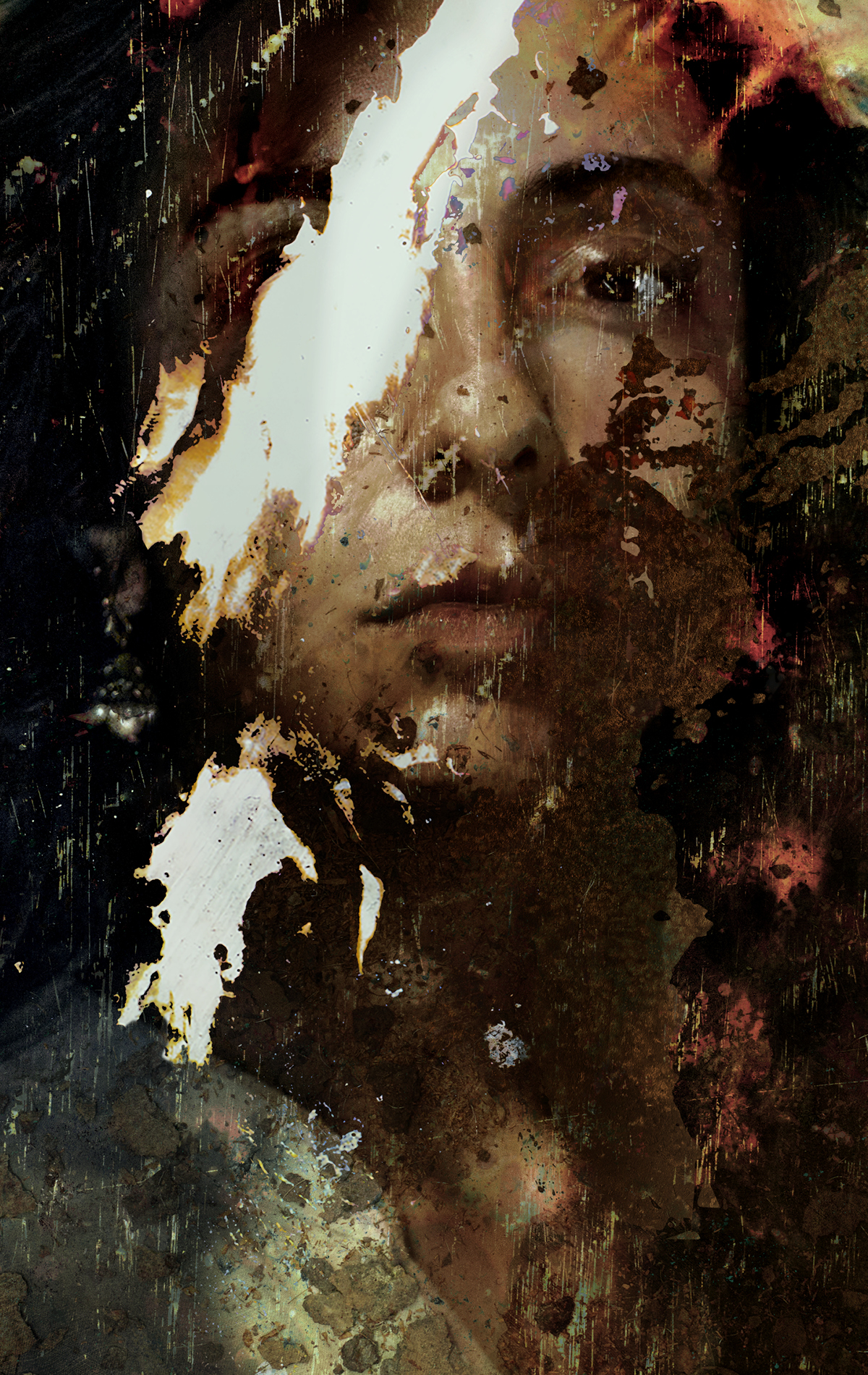 A south Asian woman with long black hair looks directly ahead. The photo is damaged with staining and scratches, with a large tear through her eye.